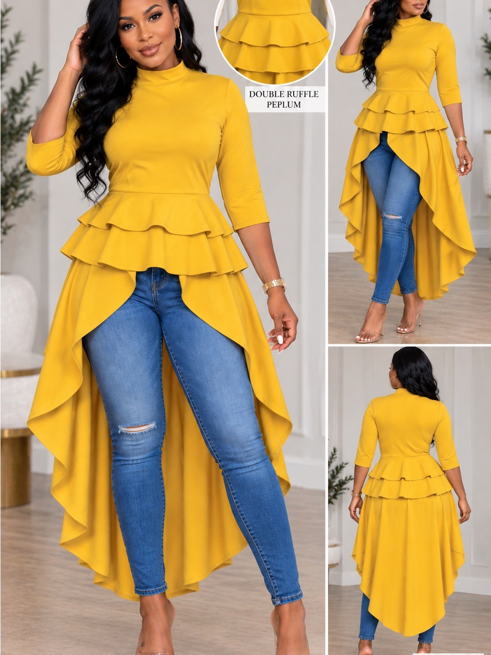 Andrew Marc Mustard Tiered High-Low Peplum Dress